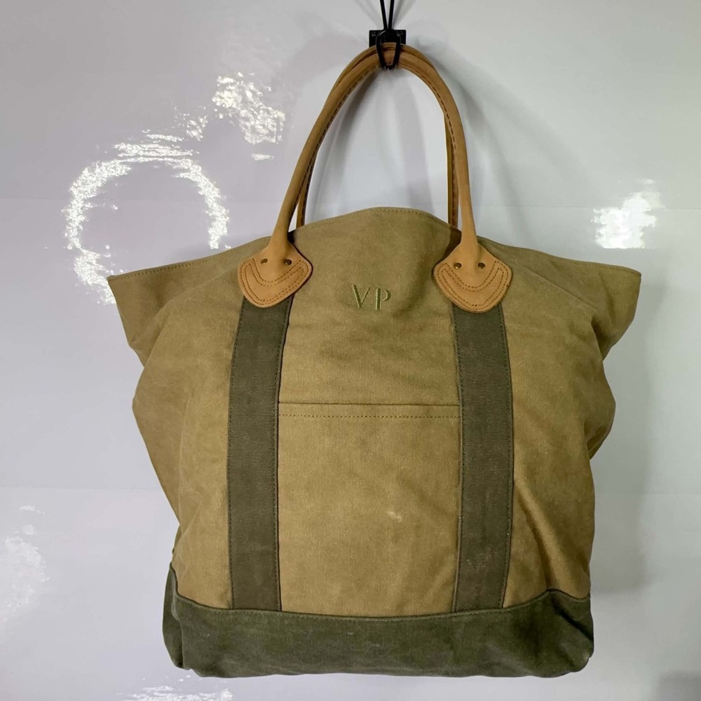 Vintage 90s LL Bean Sunwashed Canvas Field Tote Leather Handles Plaid Lined XL